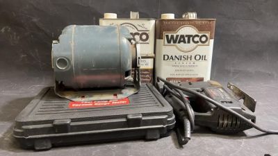NO SHIPPING Motor, Danish Oil, Fuel Pump. Scroller saw, fuel pump and vacuum gauge tester and more