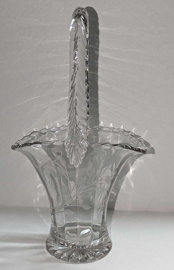 Lot 28: Vintage 10" Etched Floral Handled Glass Basket Vase