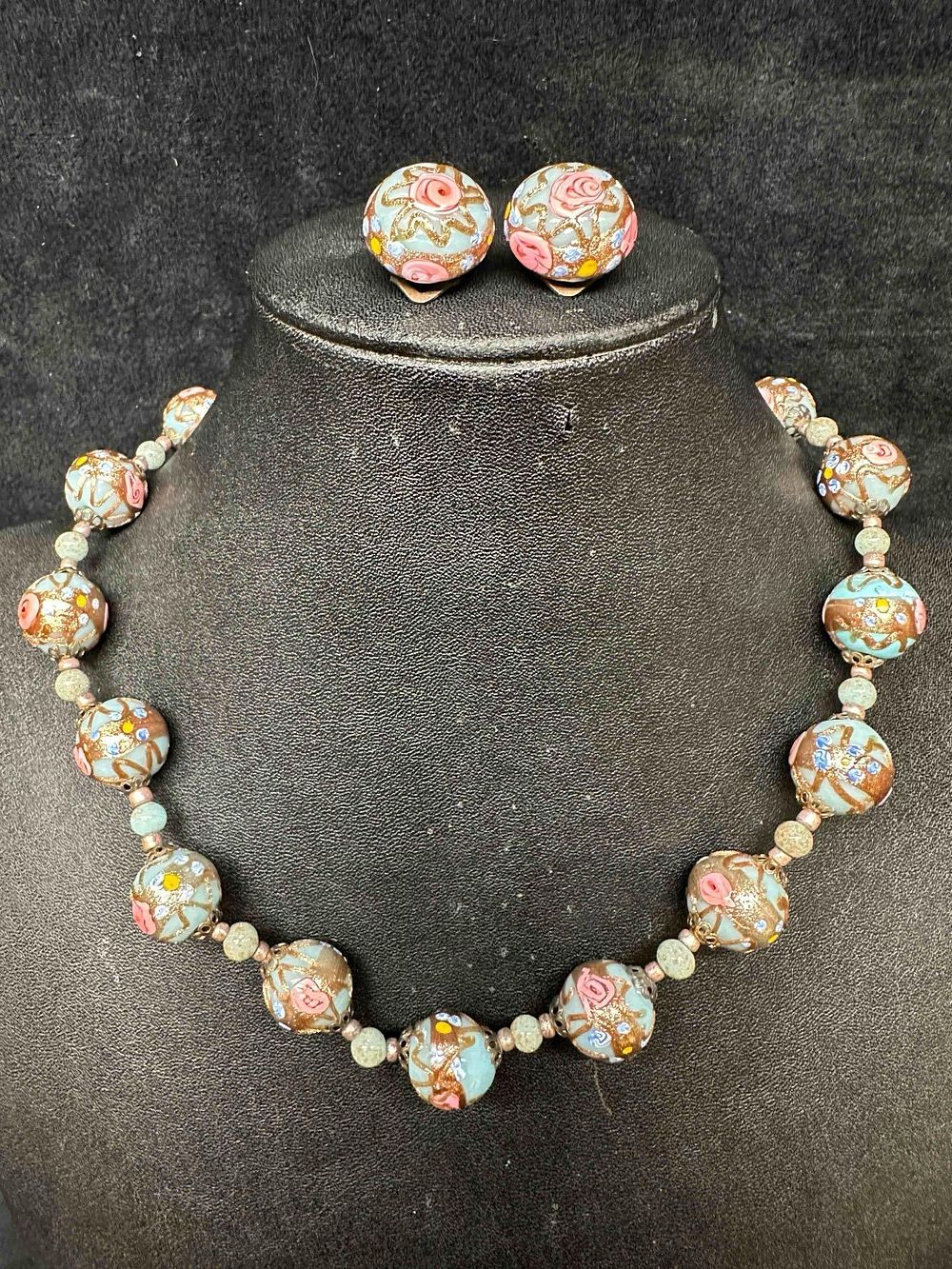 Lot 187: Murano Venetian Lamp Work Glass Light Blue Copper Accent Beaded Necklace and Earrings Set F18