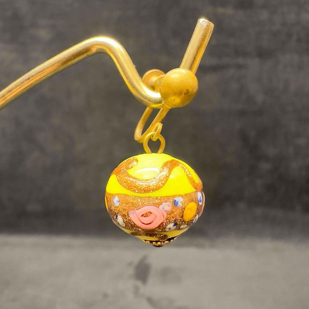 Lot 192: Murano Venetian Art Glass Lamp Work Yellow Floral Pink Copper Accent Round Bead Drop Earrings F29