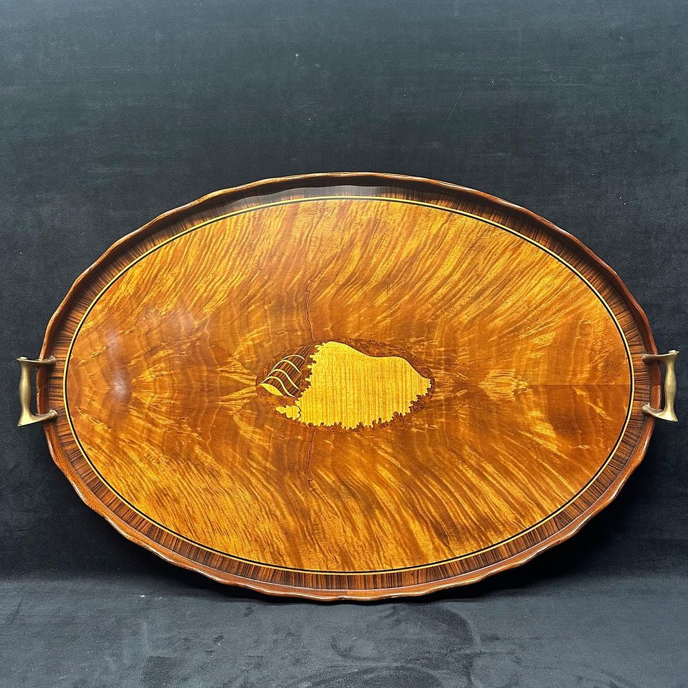 Lot 401: Large Oval Figured Wood Serving Tray with Inlay and Brass Handles