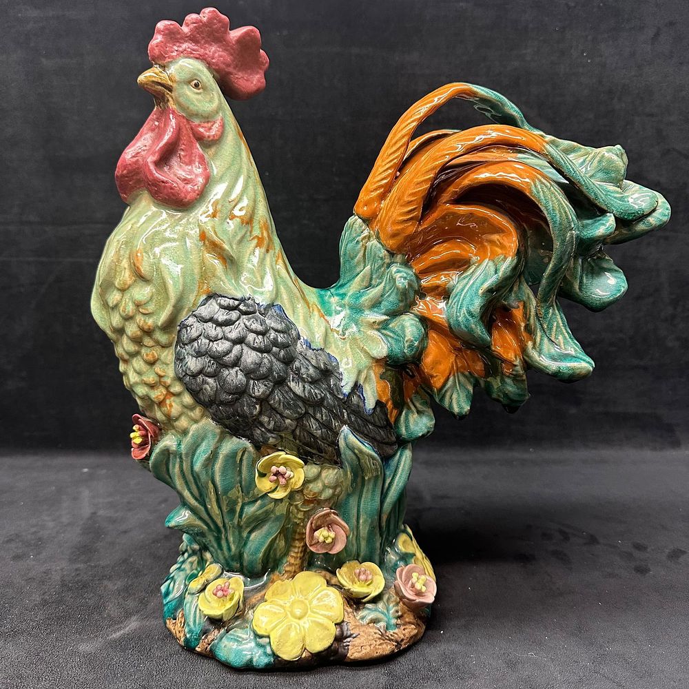 Lot 402: Large Hand Painted Ceramic Rooster Figurine with Floral Base