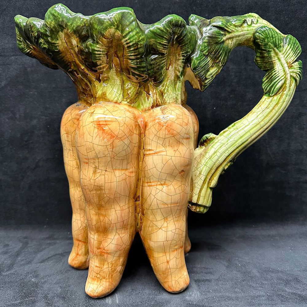 Lot 408: Carrot Bunch Large Green and Orange Majolica Style Ceramic Pitcher