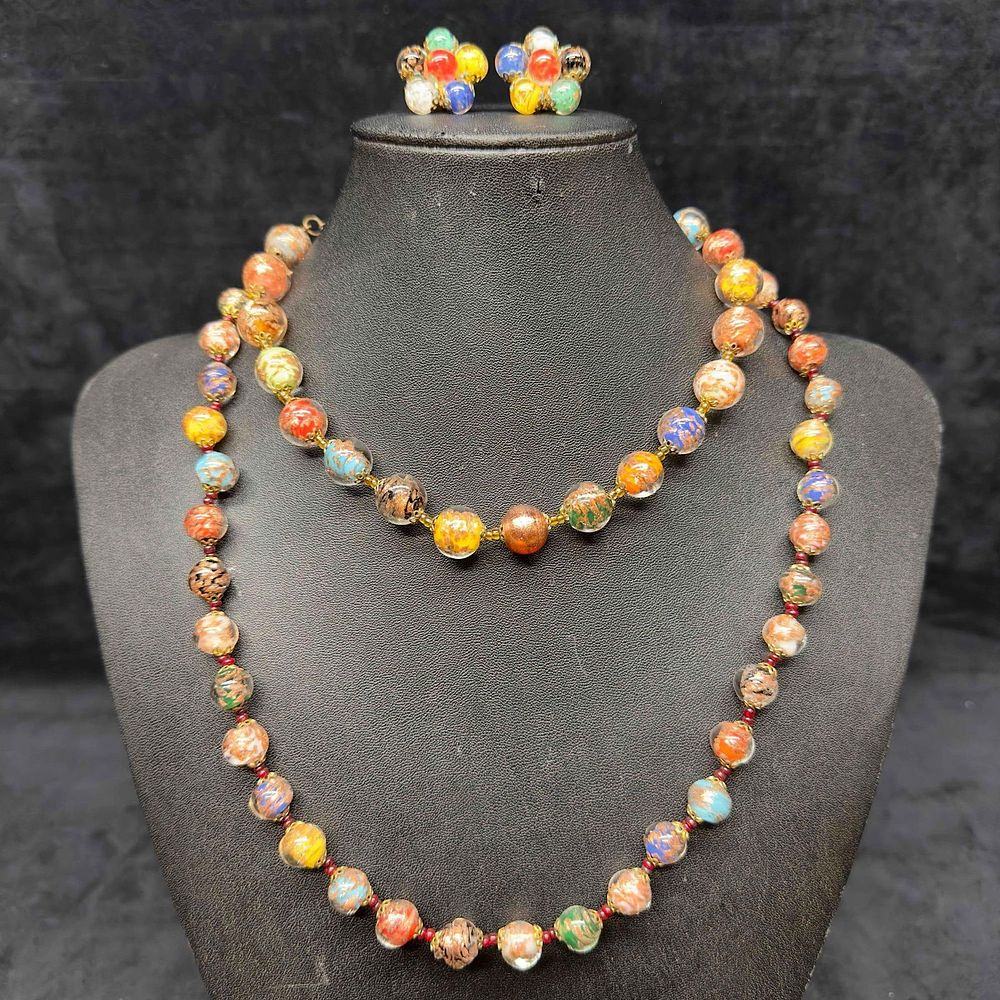Lot 463: Murano Venetian Lamp Work Glass Multi Colored Round Bead Necklaces Copper Accent Earrings Set A43
