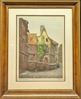 Vintage Colored Signed Old Town Etching. This etching was signed and named by the artist on the 