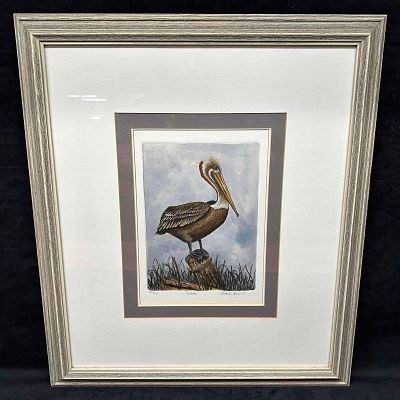 Pelican Dianne Krumel Color Etching Framed Nature Artwork. Signed by the artist in the bottom 