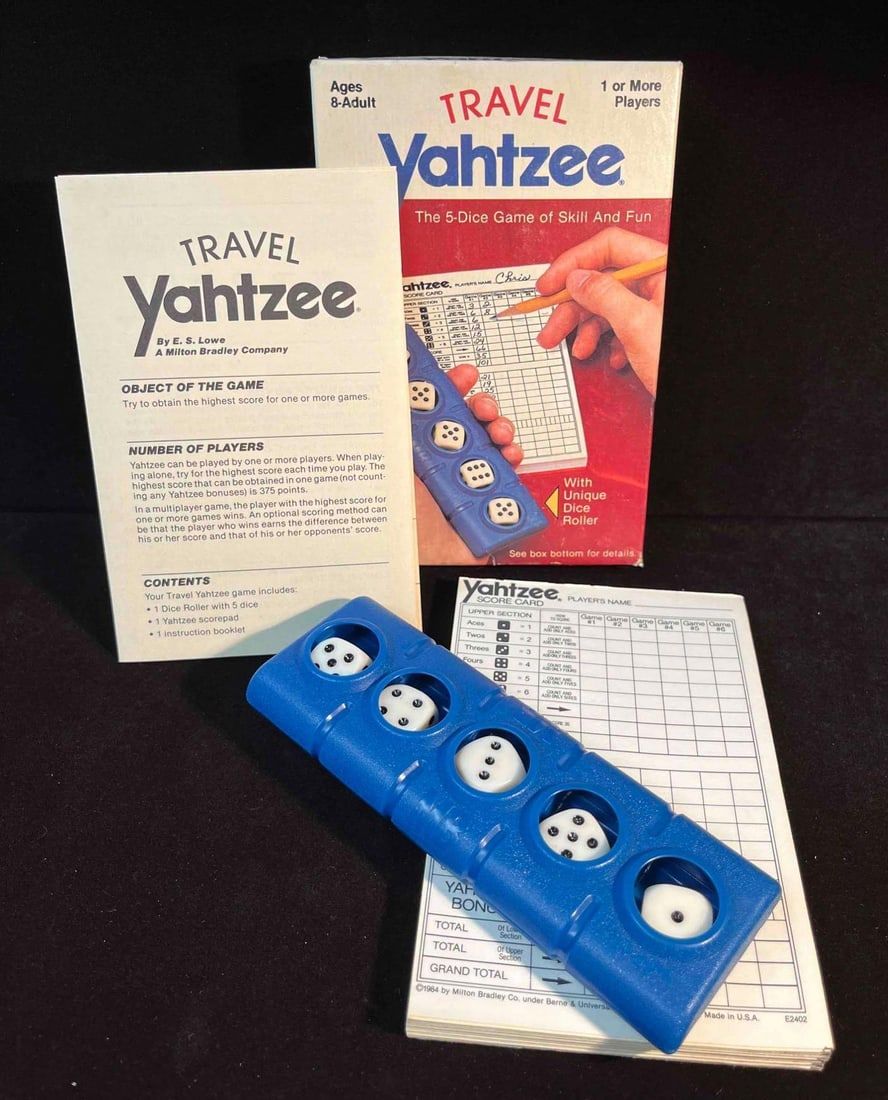 1984 Vintage Travel Yahtzee Game Milton Bradley Co. This lot contains a 1984 Vintage Travel 