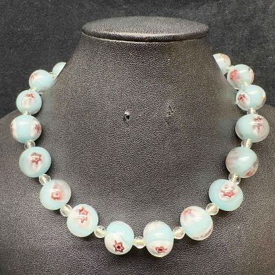 Venetian Murano Lamp Work Art Glass Sky Blue Bead Black and White Beaded Accents Necklace D28. 