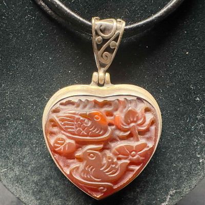 Heart Shaped Carved Floral Bird Designed Carnelian Pendant Sterling Silver Necklace Z72. This 