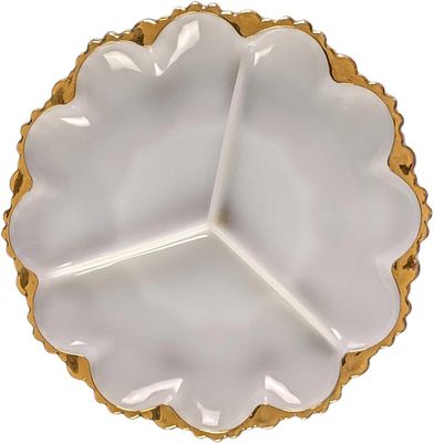 Vintage Milk Glass Serving Dish With God Trim. The maker and date of creation are unknown. The 