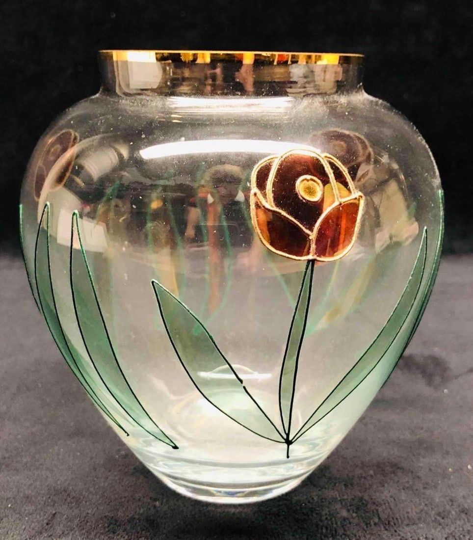 Lot 456: Crystal Clear Roses Floral Vase With Gold Trim