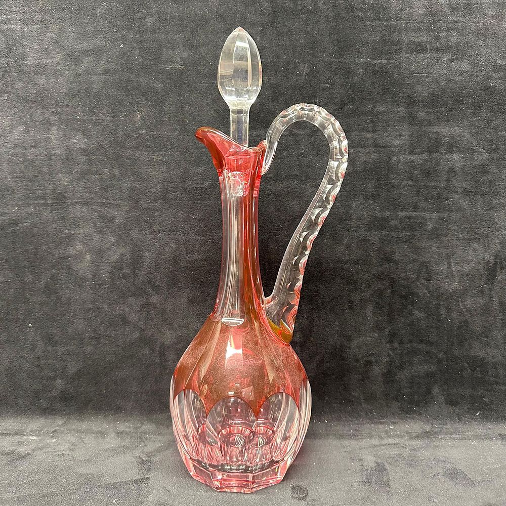 Lot 490: St. Louis Cristal France Cut Crystal Cranberry Glass Decanter with Stopper