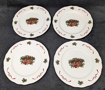 4 Retired Menuet Basket Of Cheer China Dinner Plates B. Each is approx 10 1/2" x 10 1/2" x 1". 