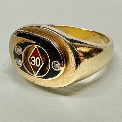 Men's 14k Gold Diamond 30 Year Service Signet Ring. This piece of jewelry has been tested and 