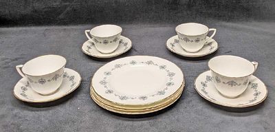 4 Sets Of Retired Royal Worcester Saucers Tea Cups And Salad Plates. All with the "Blue 