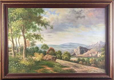 Framed Original Oil On Canvas Landscape Path By Castle. Framed original oil on canvas of a 