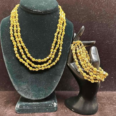 Crown Trifari Electra Collection Triple Strand Gold Toned Nub Textured Beaded Necklace and Bracelet