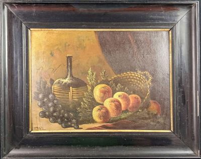 Vintage Original Oil On Panel Fruit & Wine Jug. Original framed oil on wood of a wine jug and 