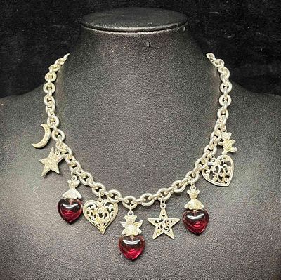 Signed Vintage Kirks Folly Silver Tone Necklace With Red Hearts. This lot contains a Signed 