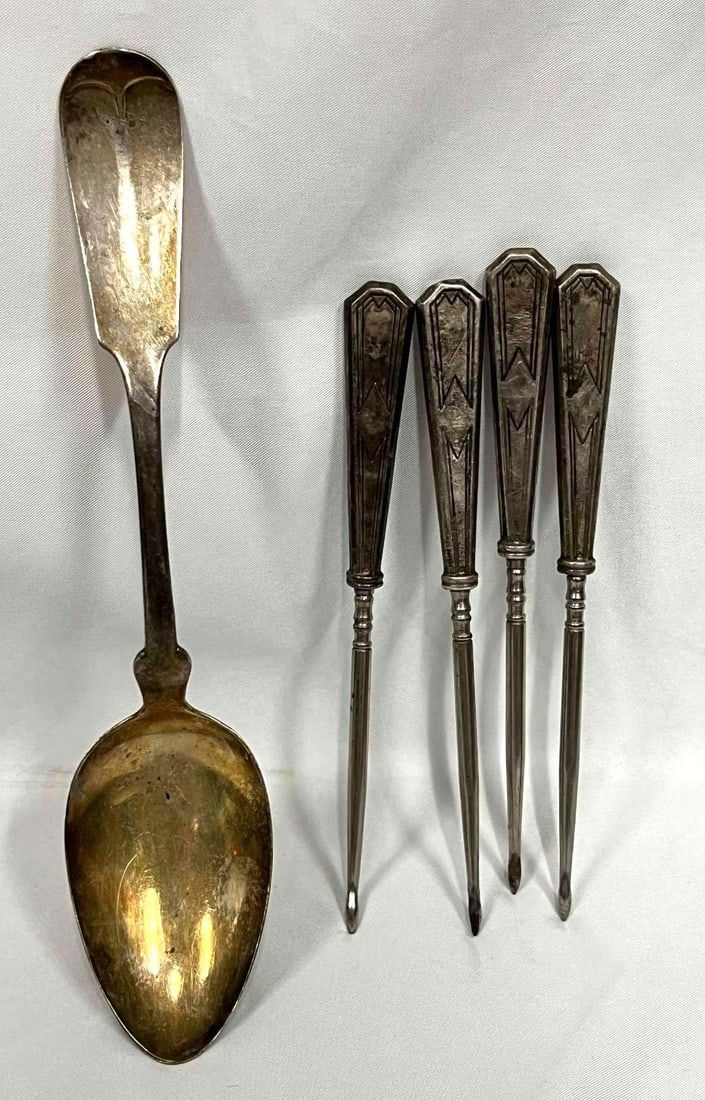 Sterling Silver Serving Spoon & Dessert Skewers. This lot contains a Sterling Silver Serving 
