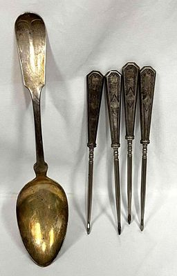 Sterling Silver Serving Spoon & Dessert Skewers. This lot contains a Sterling Silver Serving 