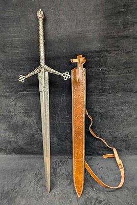 MHS Cutlery Fantasy Steel Sword With Leather Scabbard I. This is approx 10 7/8" x 2 x 38 1/8" 