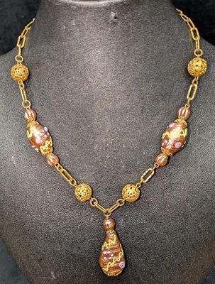 Vintage Italian Murano Art Glass Bead Necklace RTC4. Colorful glass beads with hand painted 