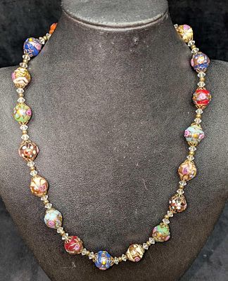 Vintage Italian Murano Art Glass Bead Necklace RTC1. Colorful glass beads with hand painted 