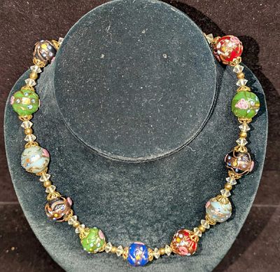 Vintage Italian Murano Art Glass Bead Necklace RTC2. Colorful glass beads with hand painted 