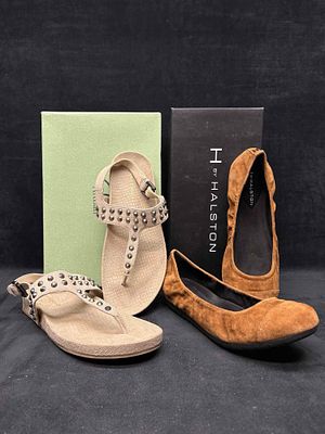 Marc Fisher Tan Studded Sandals and H by Halston Suede Ballet Flats Bundle. Sitting in brand-new 