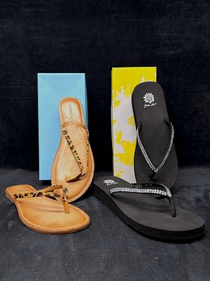 Antonio Melani Leopard Print Flip-Flop and Yellow Box Rhinestone Wedge Flip-Flop Bundle. Sitting 
