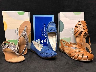 Earth Origins Brown and Snake Print Sandals with White Mountain Blue Loafer Bundle. Sitting in 
