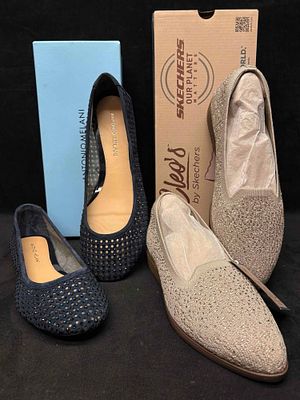 Antonio Melani Blue Rhinestone Flats and Skechers Cleo Taupe Knit Shoe Bundle. Sitting in 