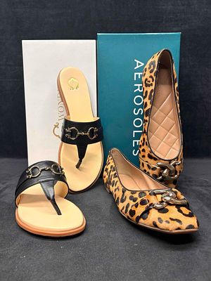 Aerosoles Leopard Ballet Flats and C. Wonder Black Leather Thong Sandals Bundle. Sitting in 