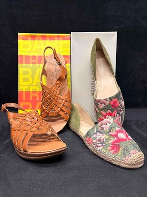 Marc Fisher Floral Espadrilles and Baretraps Woven Huarache Sandal Bundle. Sitting in brand-new 