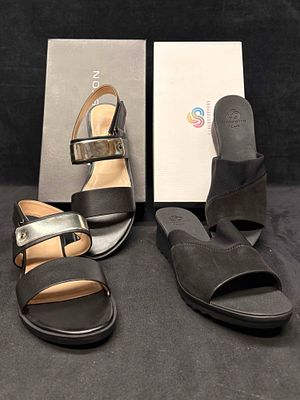 H by Halston Gold Metal Plate Sandals and Clarks Cloudsteppers Black Slide Sandals Bundle. Sittin 