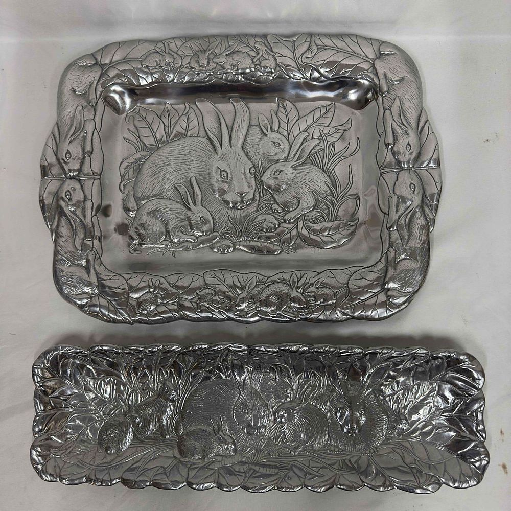 Arthur Court Cast Aluminum Rabbit Bunny Serving Platter Plate Collection Set Lot of Two. Etched 
