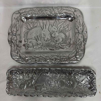 Arthur Court Cast Aluminum Rabbit Bunny Serving Platter Plate Collection Set Lot of Two. Etched 
