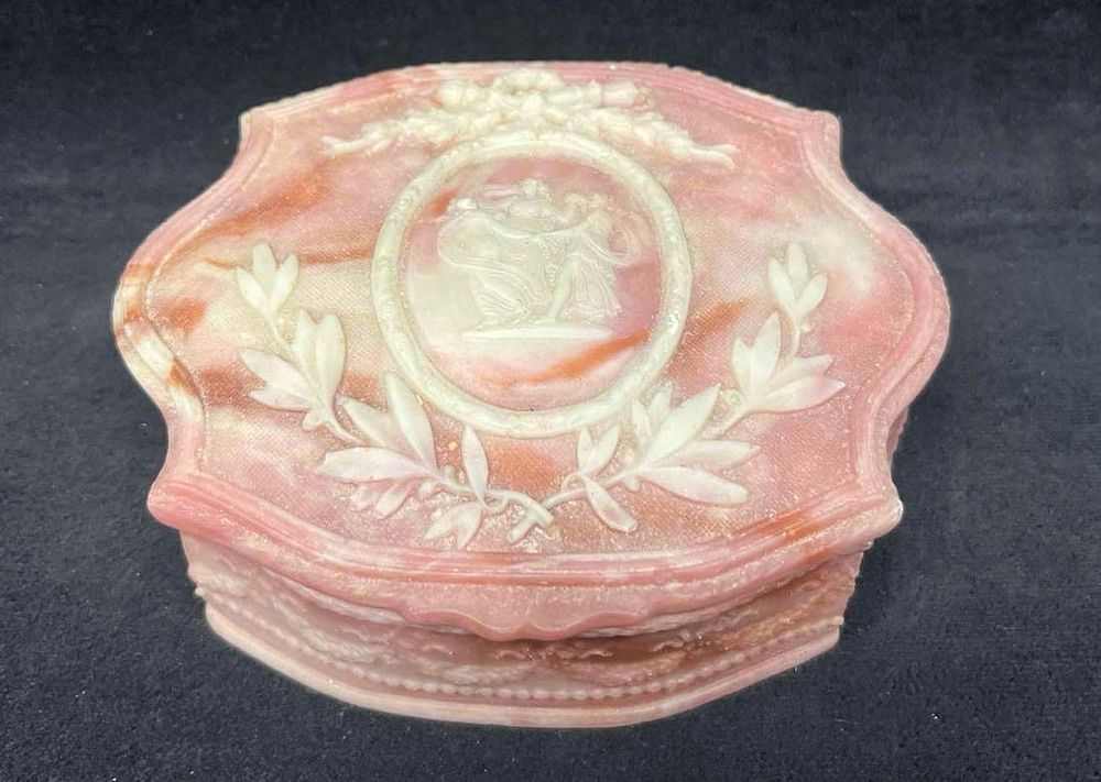 Lot 230: Vintage Art Nouveau Pink Incolay Stone Trinket Box Made In The U.S.A