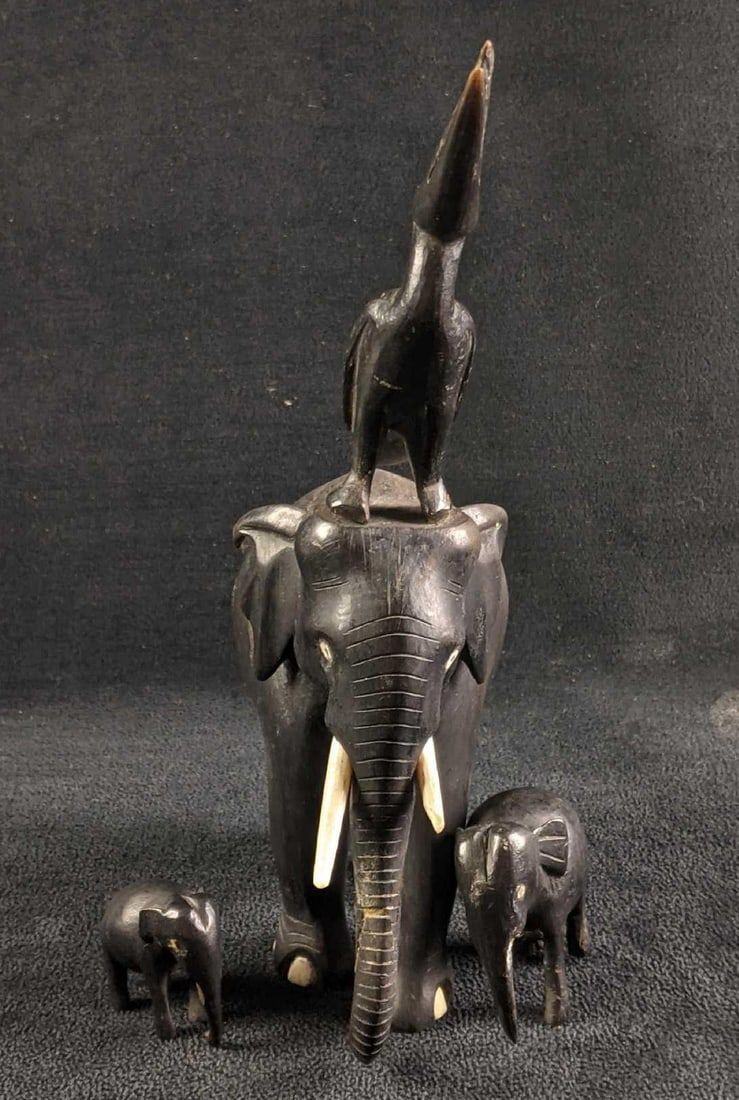Lot 486: Vintage Wood Carved Elephants with Bone Detailing
