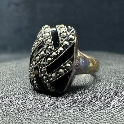Sterling Marcasite Black Enamel Pattern Ring. This piece of jewelry has been tested and 