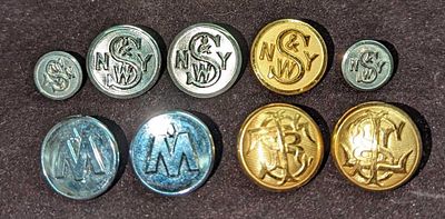 9 Vintage Railroad Uniform Buttons Southern Pacific York Susquehanna. This lot includes: 
(2) 