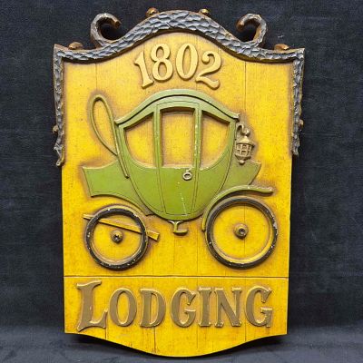 Sexton Metalcraft 1967 Metal Sign 1802 Lodging USA Plaque Aluminum Tin. Makers mark etched on 