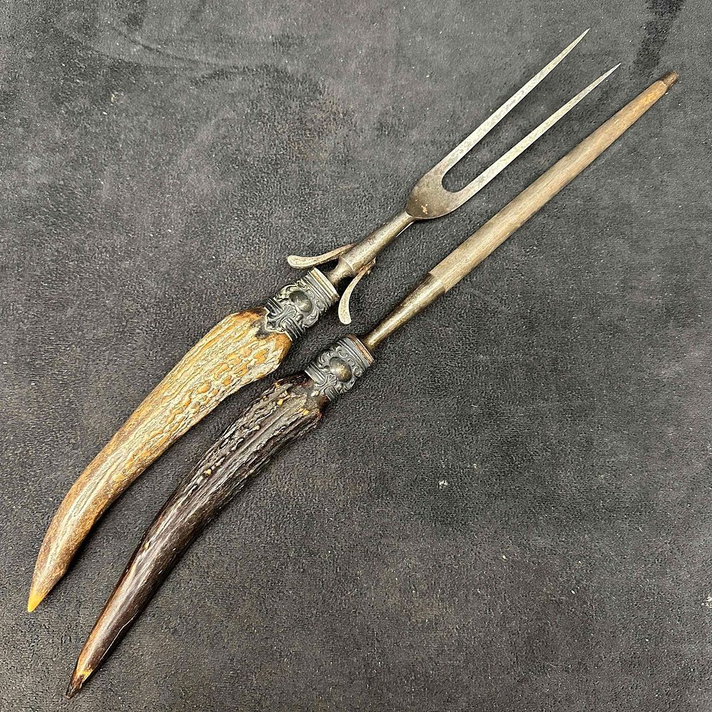 Two Piece Sterling Mounted Antler Carving Set Knife Sharpener and Fork. Each handle mount is 