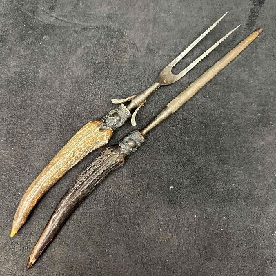 Two Piece Sterling Mounted Antler Carving Set Knife Sharpener and Fork. Each handle mount is 