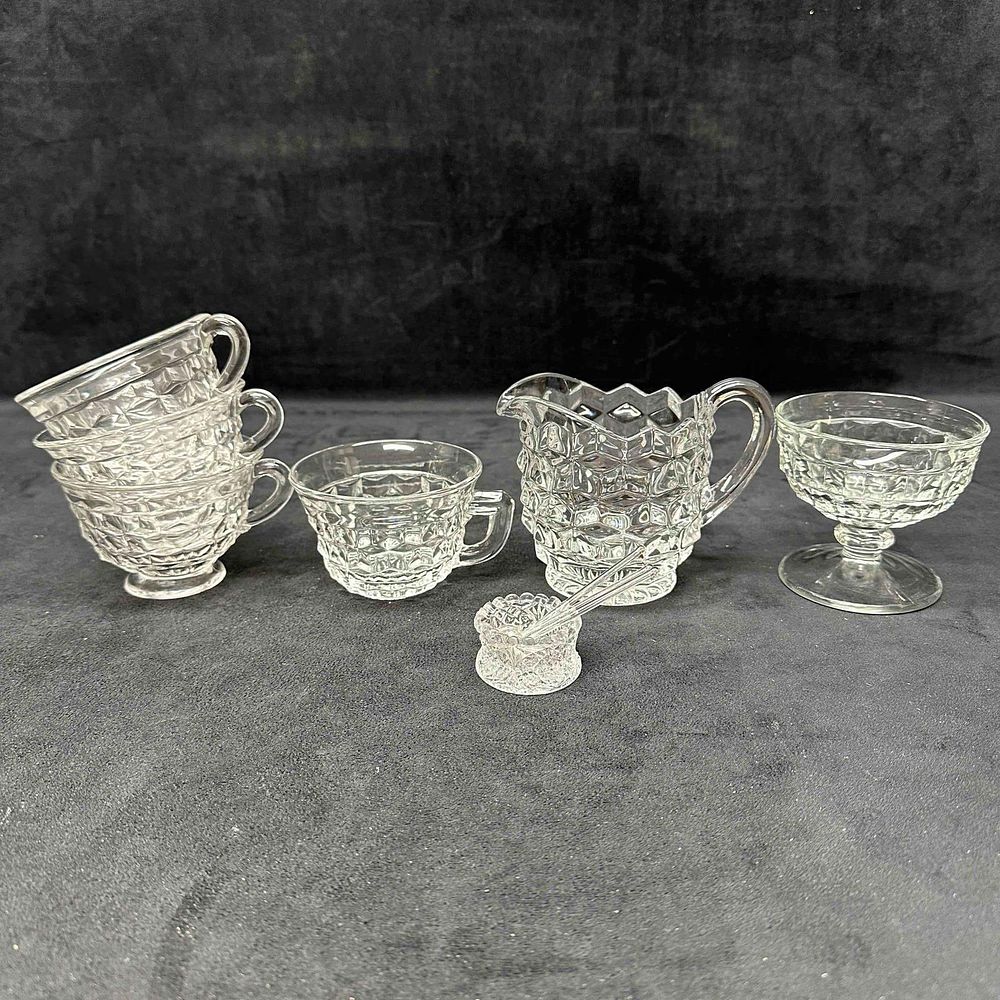 Fostoria American Clear Glass Set Salt Cellar Pitcher Spoons and Cups Lot of Ten. This Fostoria 