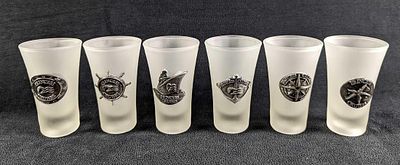6 Princess Cruise Frosted Glass Double Shot Glasses And Pewter Graphics. Each shot glass is 