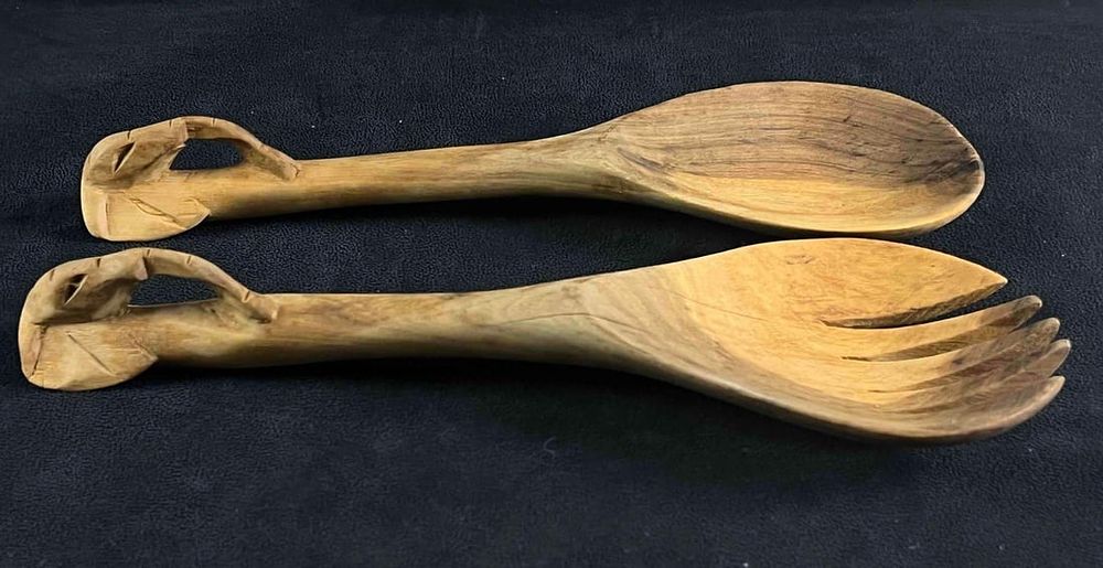 Lot 459: Wood Carved Spoon and For w Elephant Head Carving