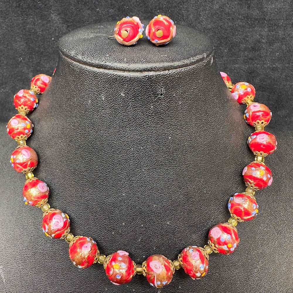 Lot 479: Venetian Murano Lamp Work Art Glass Red Fiorato Beaded Floral Necklace and Bead Earrings Set B78