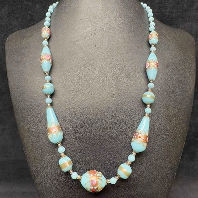 Murano Venetian Lamp Work Art Glass Light Blue Copper Colored Floral Pink Beaded Necklace F50. 